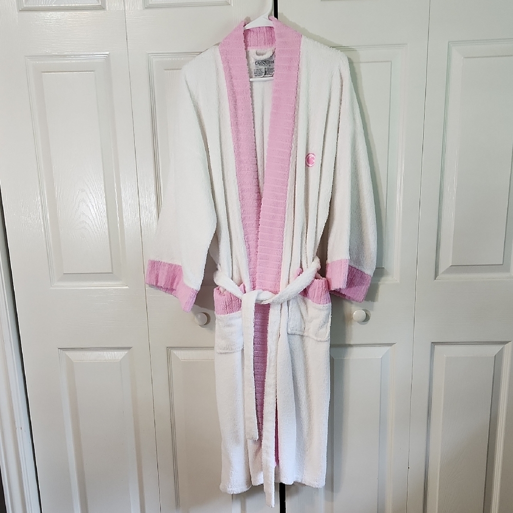 Vintage Oleg Cassini White and Pink Terrycloth Robe‎ ONE SIZE Tie Waist Pockets
